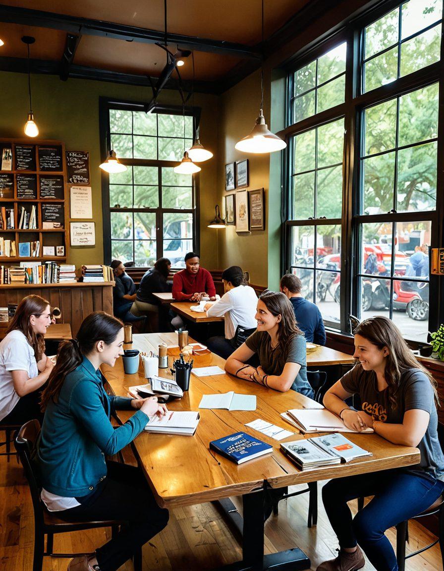 An inviting, cozy coffee shop scene bustling with diverse individuals sharing ideas and laughter, surrounded by vibrant artwork reflecting the richness of the Wunderground community. Soft natural light streams through large windows, highlighting a wooden table laden with books and notebooks filled with lifestyle tips. In the background, a chalkboard lists engaging topics that spark insightful conversations. super-realistic. warm tones. vibrant colors.