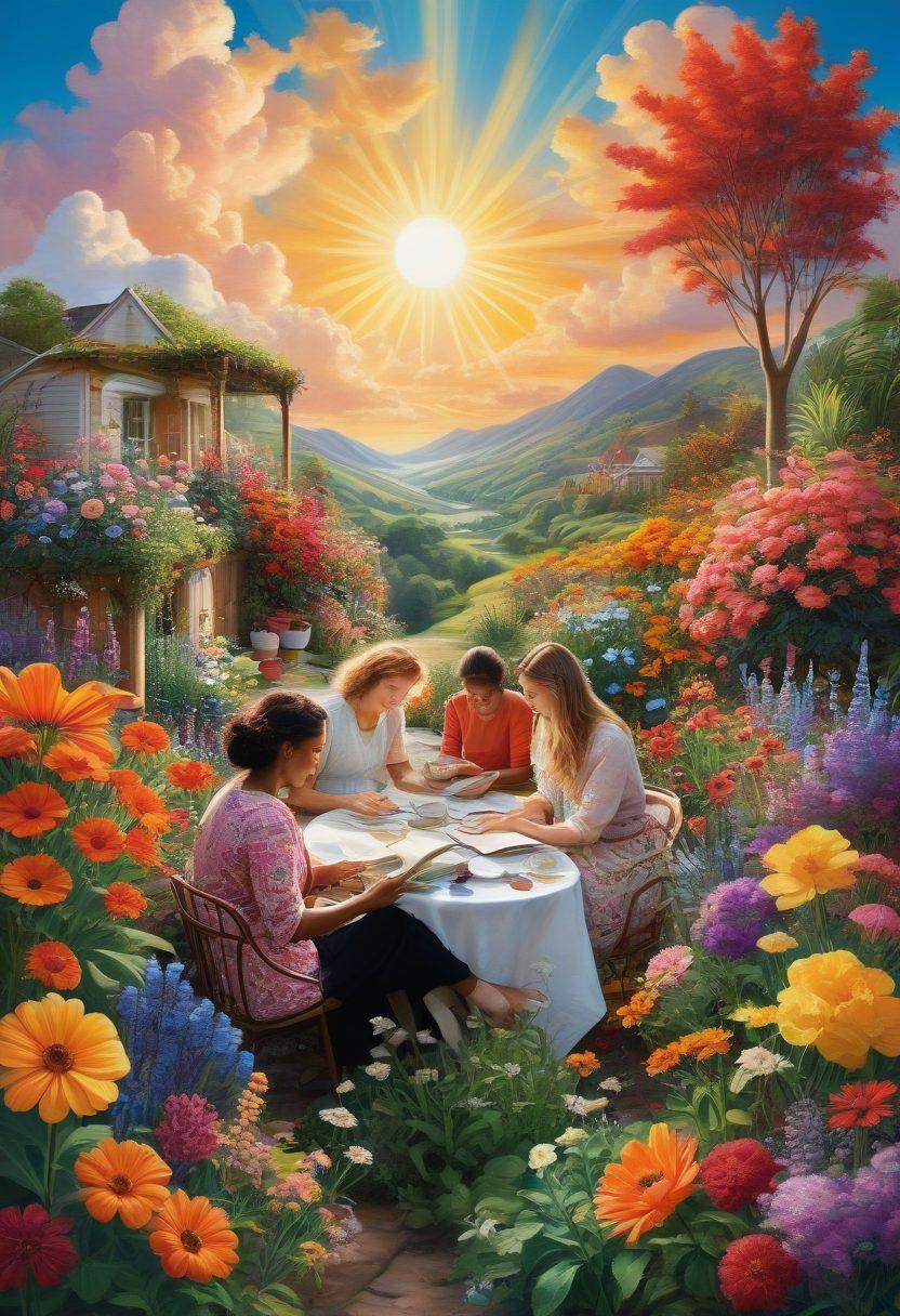 A vibrant collage depicting a diverse group of people engaged in various lifestyle activities such as reading, gardening, and cooking, set against a whimsical background of clouds and the sun shining through. Include elements of nature, colorful plants, and poetic quotes subtly integrated into the design. Use warm, inviting colors to create a sense of community and inspiration. super-realistic. vibrant colors. lively atmosphere.